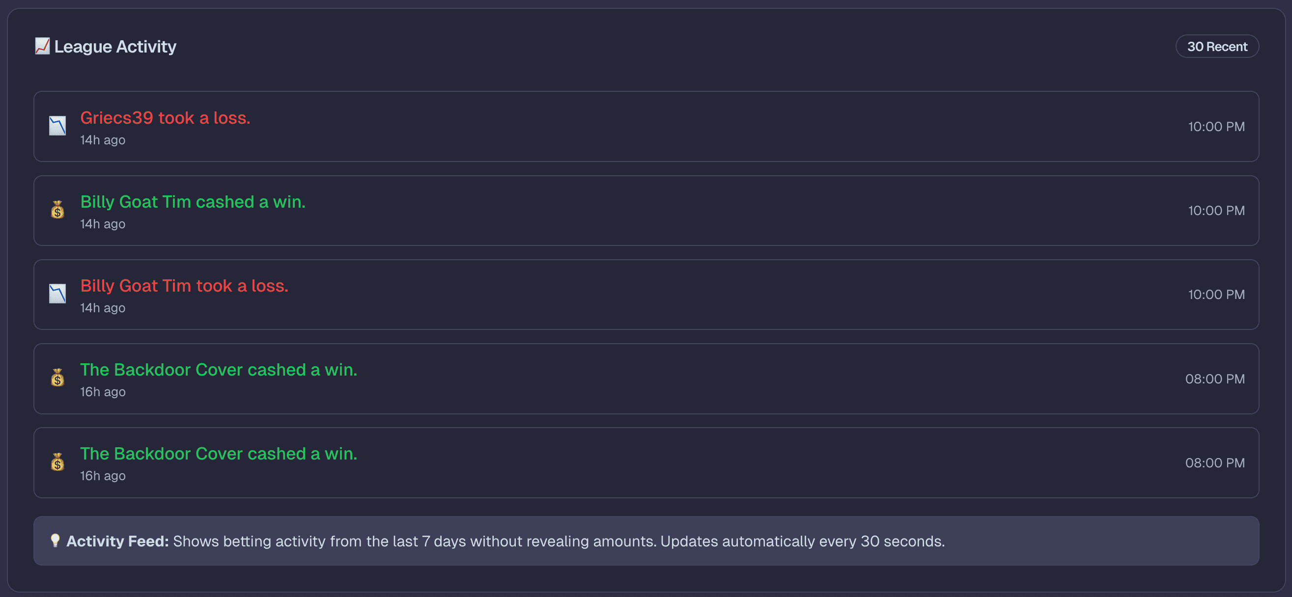Live activity feed showing real-time betting results and league updates